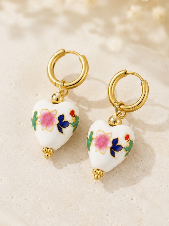 Unbranded Jewelry - Porcelain Floral Heart Huggie Earrings on Gold Hypoallergenic Stainless Steel
